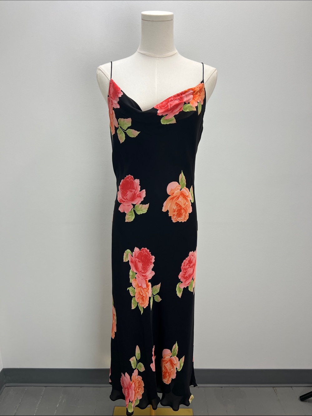 Vintage 90s Spenser Jeremy Silk Slip Dress Rose Print Floral Bias Cut Midi